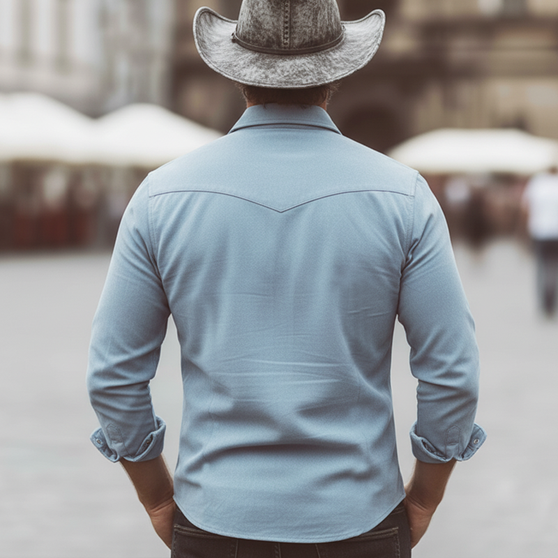 Men's Elegant Light Blue Faux Suede Snap-button Long-sleeved Shirt MTZ0943A7U