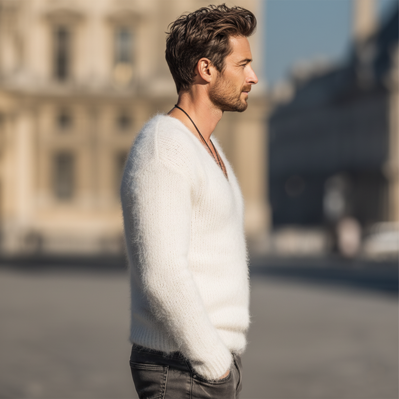 Men's Casual V-neck Knitted White Sweater MTA1717J4U