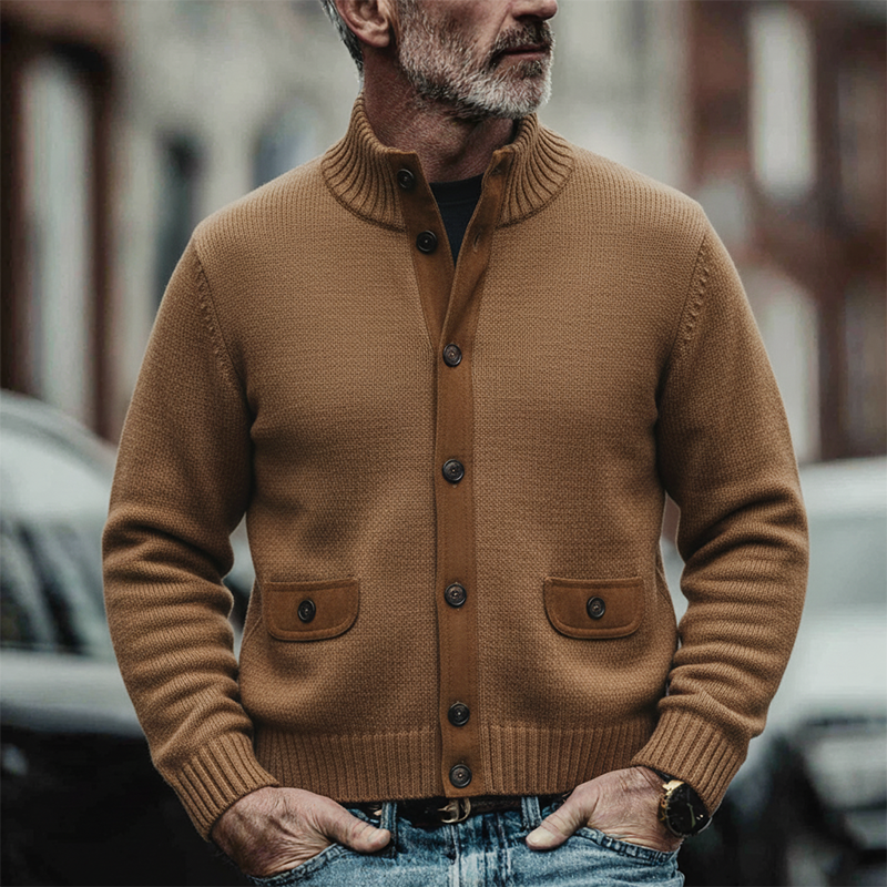 Men's Solid Color Patchwork Knit Stand Collar Button Cardigan MTA1377K6X