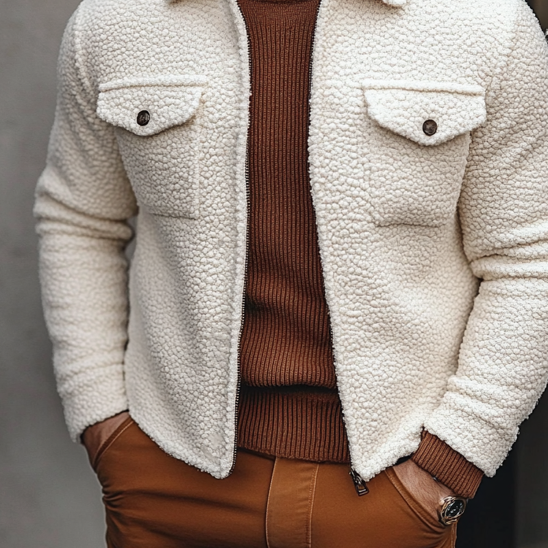 Men's Solid Color Fleece Lapel Button Jacket MTA2861K3X