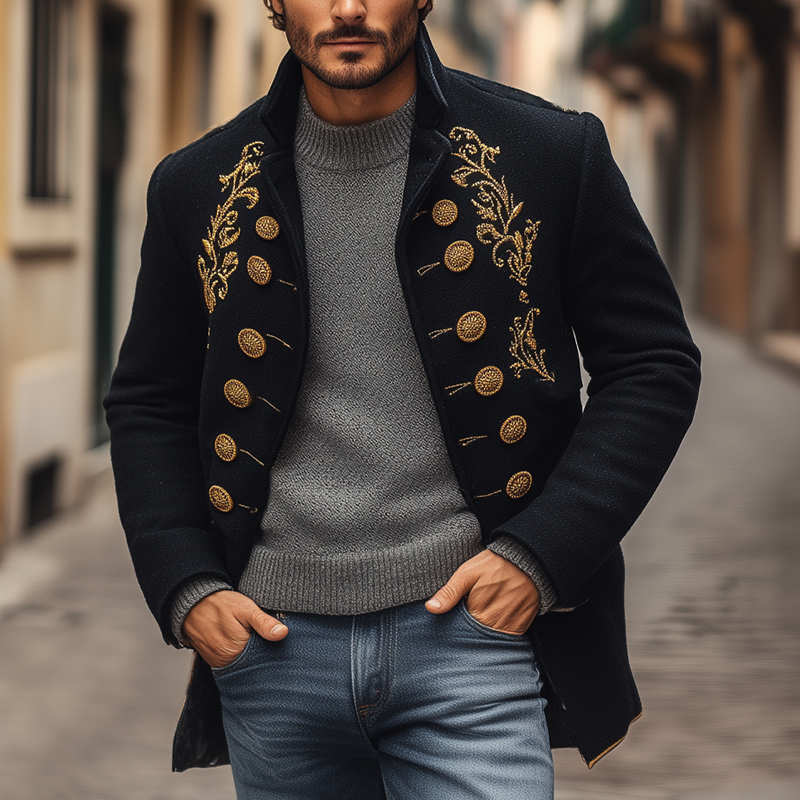 Men's Blended Stand Collar Gold Embroidery Double-breasted Jacket MTA2301I6X