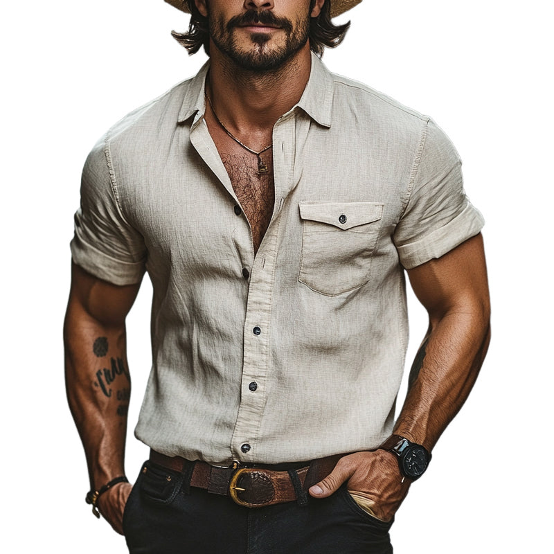 Men's Cotton And Linen Solid Color Lapel Short Sleeve Shirt MTA2937D5X