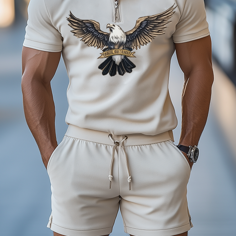 Men's Summer Fashion Casual Air Layer Fabric Bald Eagle Embroidery Zipper Polo Shirt Elastic Waist Shorts Set MTA2944E0K