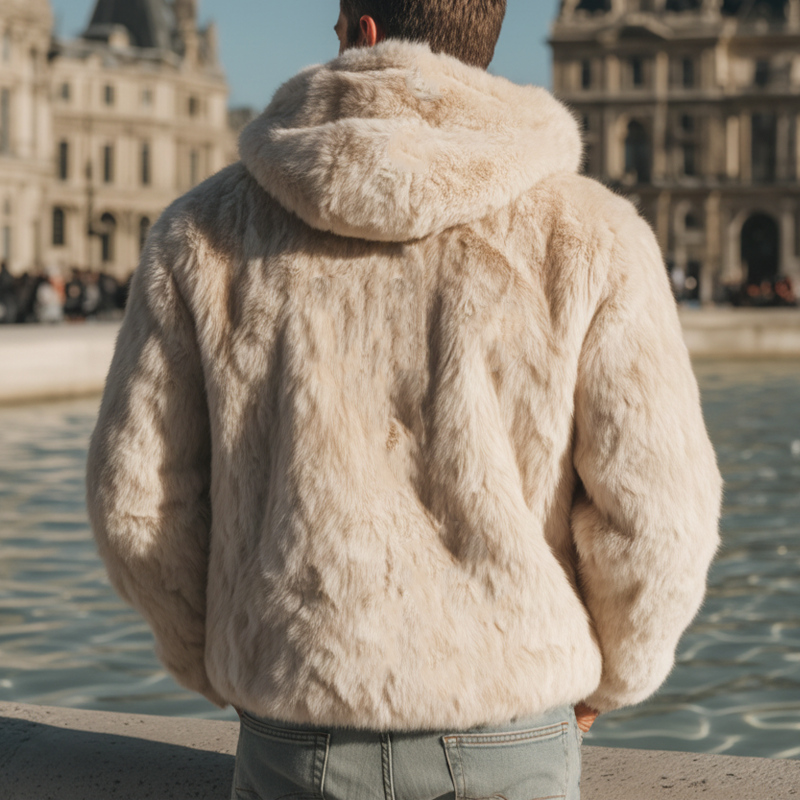 Men's Urban Beige Velvet-Soft Plush Faux Fur Hooded Jacket MTA0751K7U