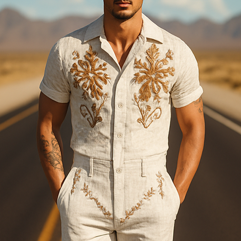Herre vår- og sommermote amerikansk vestlig stil brodert bomulls- og linjumpsuit MTA0914F5K