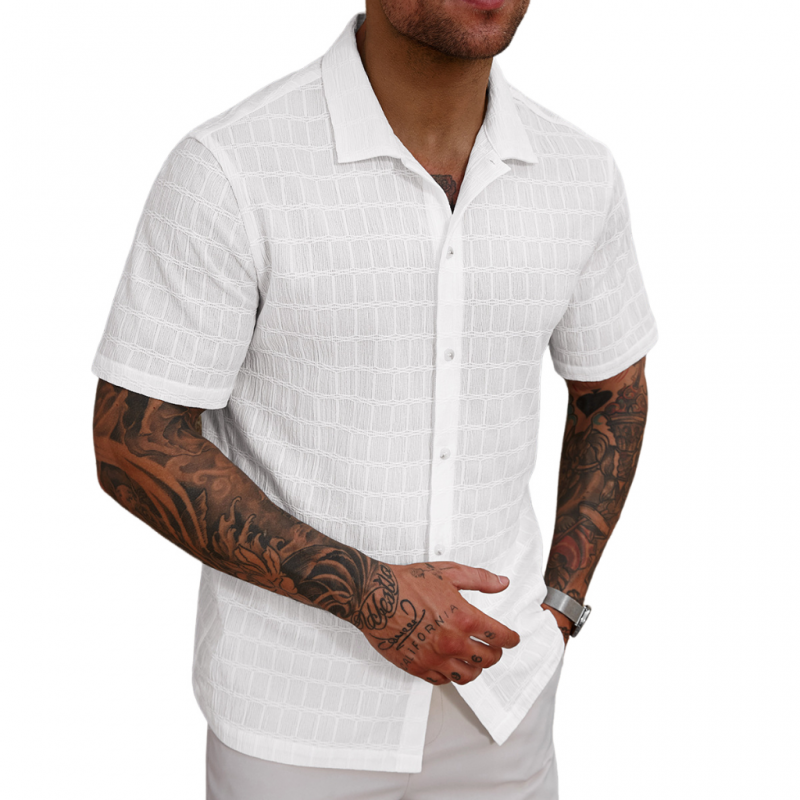 Men's Casual Lace Pleated Texture Lapel Slim Short Sleeve Shirt MTA2669E2M