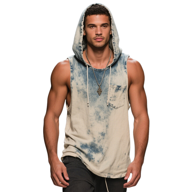 Men's Retro Casual Gradient Print Hooded Sleeveless Tank Top MTA2343F6TO