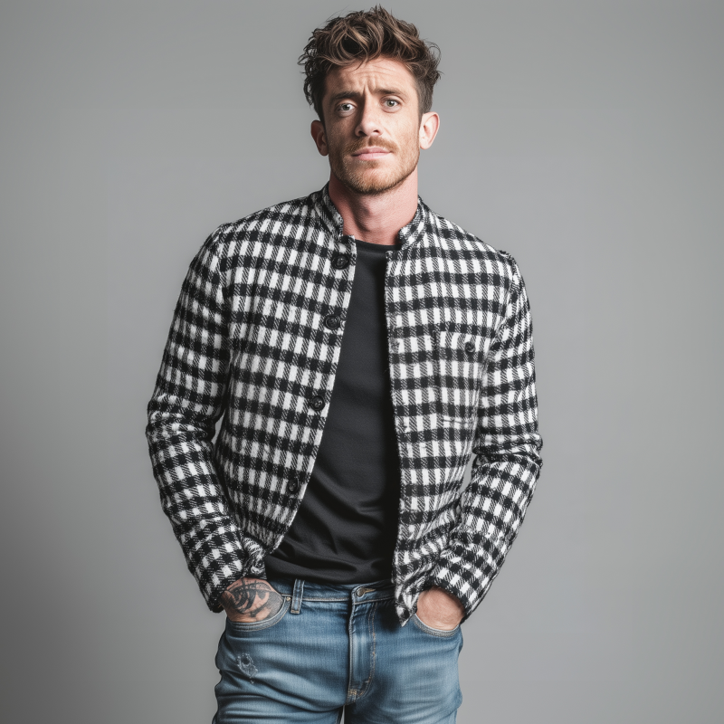 Men's Classic Contrast Color Check Jacquard Stand Collar Single Breasted Slim Fit Jacket MTA2951G3M
