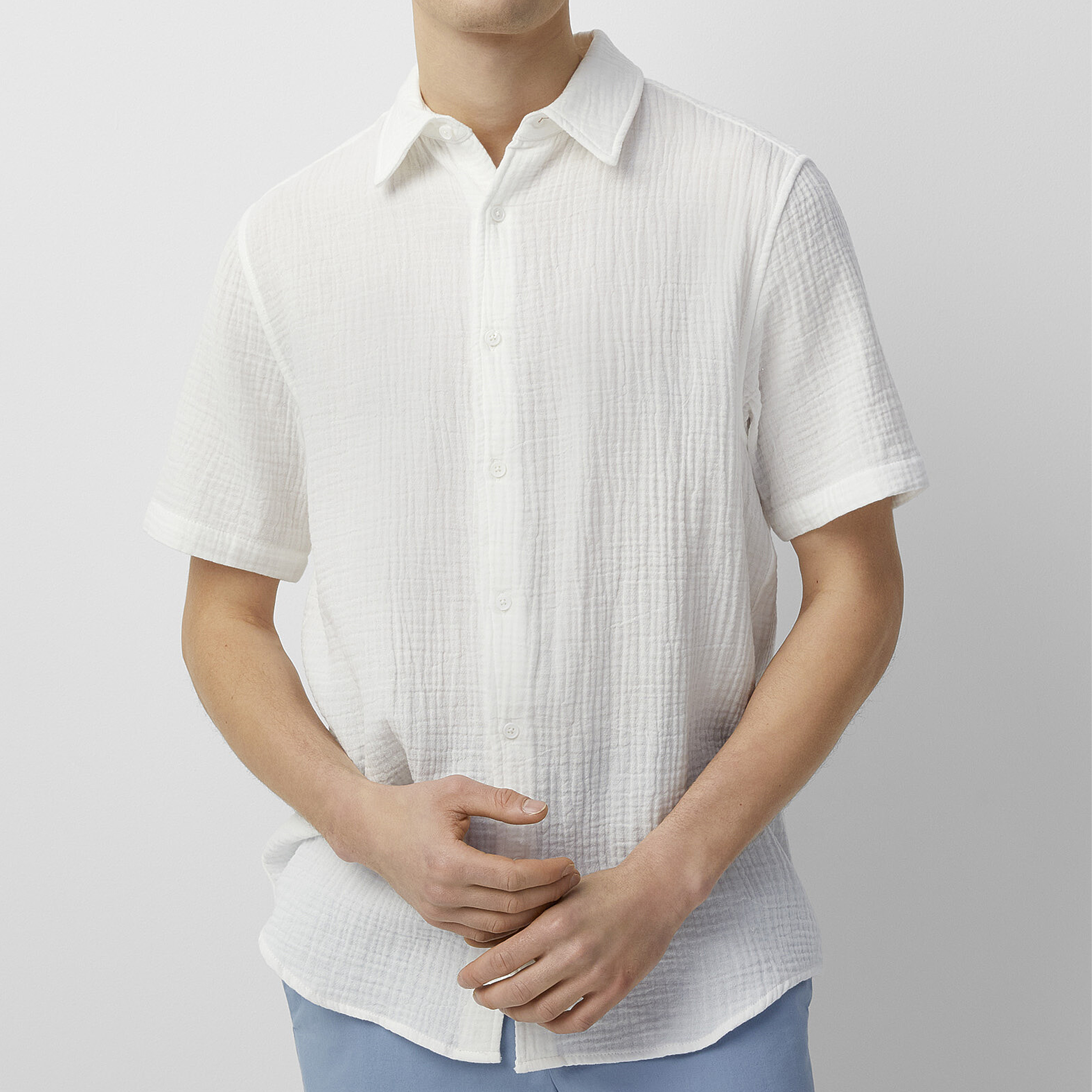 Men's Spring And Summer Casual Pleated Cotton Blended Short Sleeve Shirt MTA1846G9K