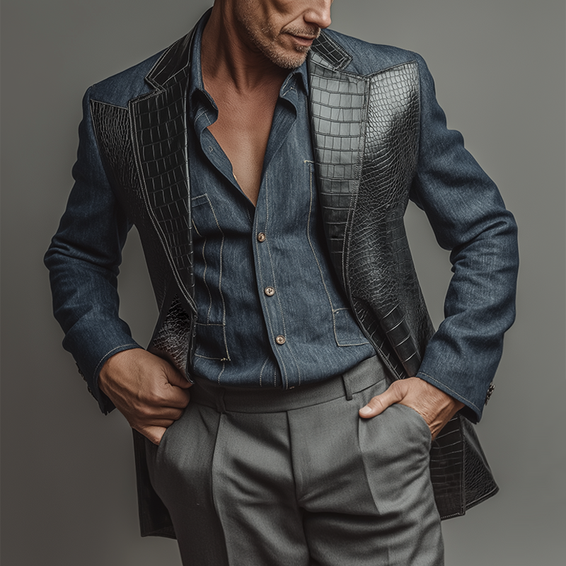 Men's Retro Casual PU Crocodile Pattern Denim Patchwork Blazer MTA2575K6TO