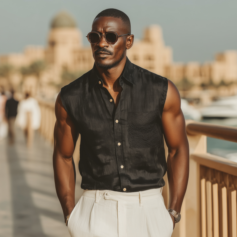 Men's Casual Solid Color Tencel Blended Lapel Lace Patch Pocket Slim Fit Sleeveless Shirt MTA1451G4M