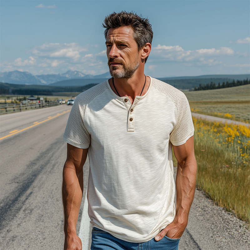 Men's Spring And Summer Fashion Casual Cotton Blended Shoulder Splicing Mesh Henley Collar Short Sleeve T-Shirt MTA0867G6K