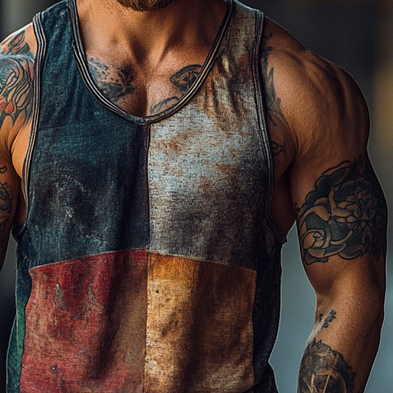 Men's Vintage Color Block Print Crew Neck Vest Top MTA0825E4X