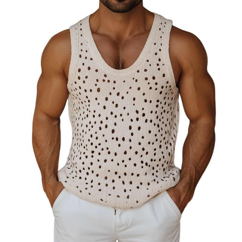 Men's Spring And Summer Fashion Casual U-neck Hollow Mesh Knitted Tank Top MTA2075F4K