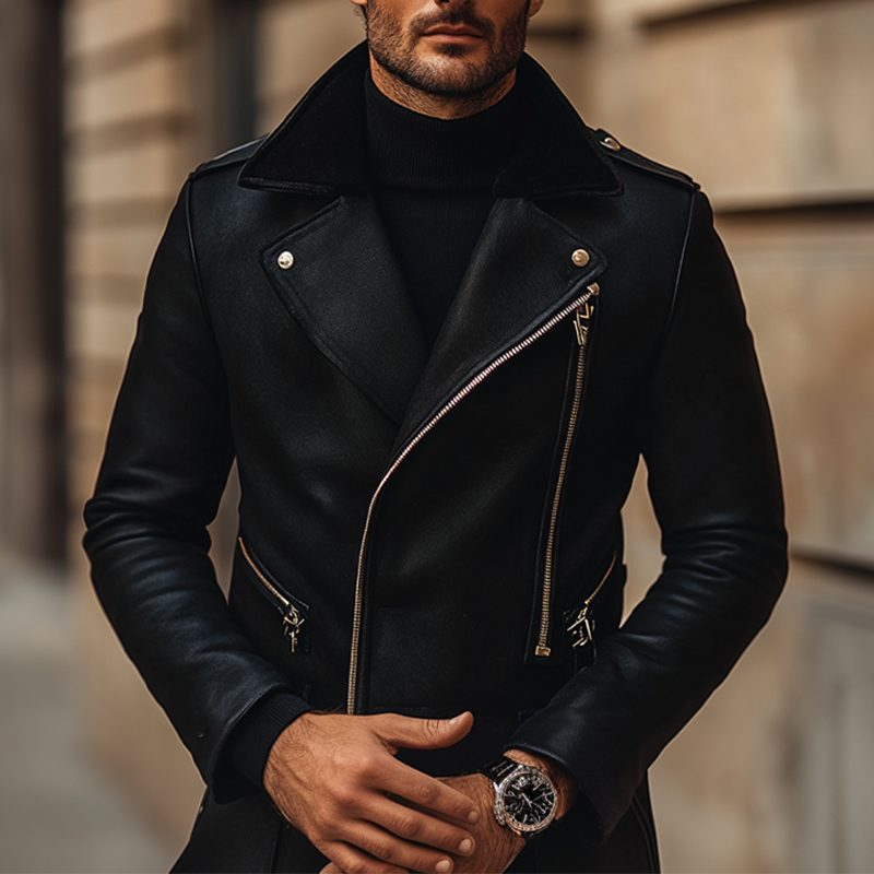 Men's Solid Color Slim Fit PU Zipper Motorcycle Jacket MTA2864K7X