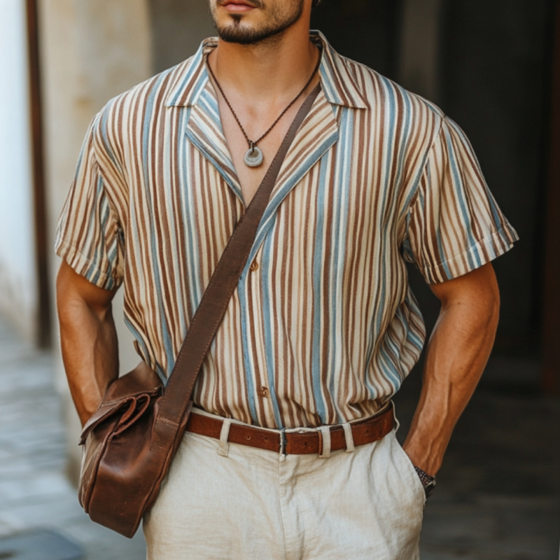Men's Casual Colorful Striped Digital Print Cuban Collar Loose Short Sleeve Shirt MTA2345E1M