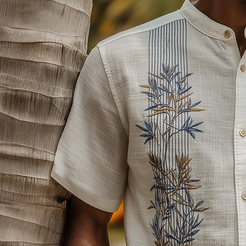 Men's Summer Fashion Leaf Embroidery Slub Linen Henley Collar Short Sleeve Shirt MTA0292G9P