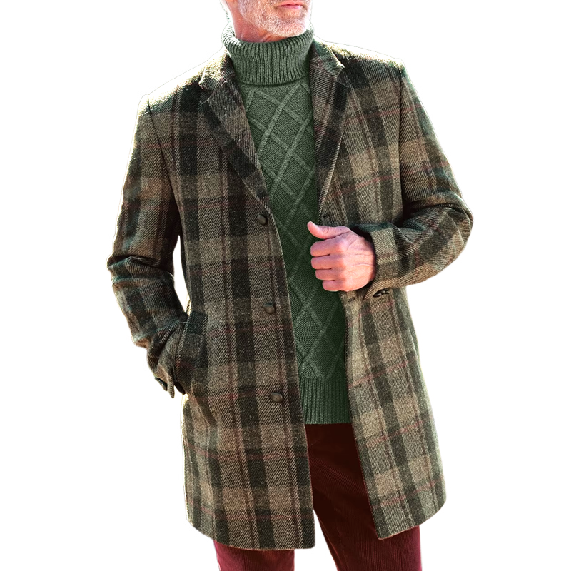 Men's Plaid Tweed Notch Lapel Single-Breasted Mid-length Coat MTA1638I9Z