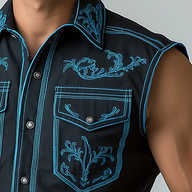 Men's Summer Western Cowboy Style Embroidered Cotton Blended Sleeveless Shirt MTA1404E4P
