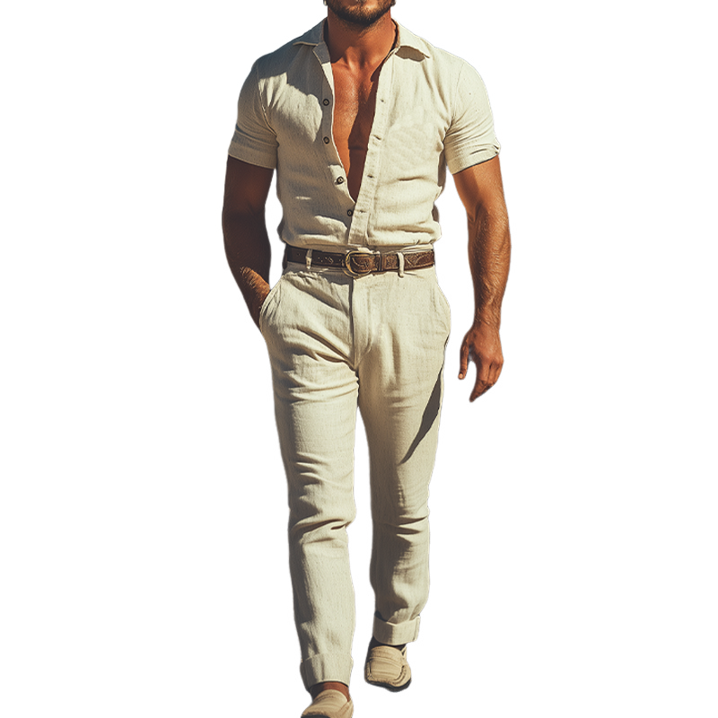 Men's Summer Fashion Retro Western Style Cotton and Linen Jumpsuit (Without Belt) MTA2974D3K