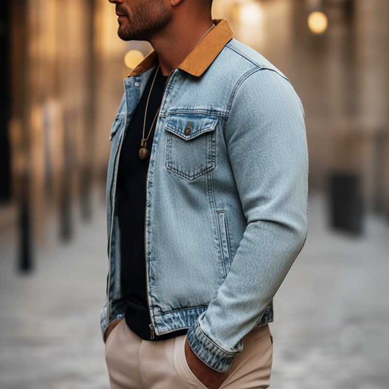 Men's Urban Color Block Zipper Slim Fit Denim Jacket MTA2206L4U