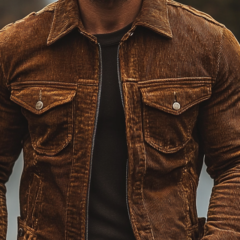 Men's Vintage Corduroy Lapel Slim Zip-Up Jacket MTA1603I5X