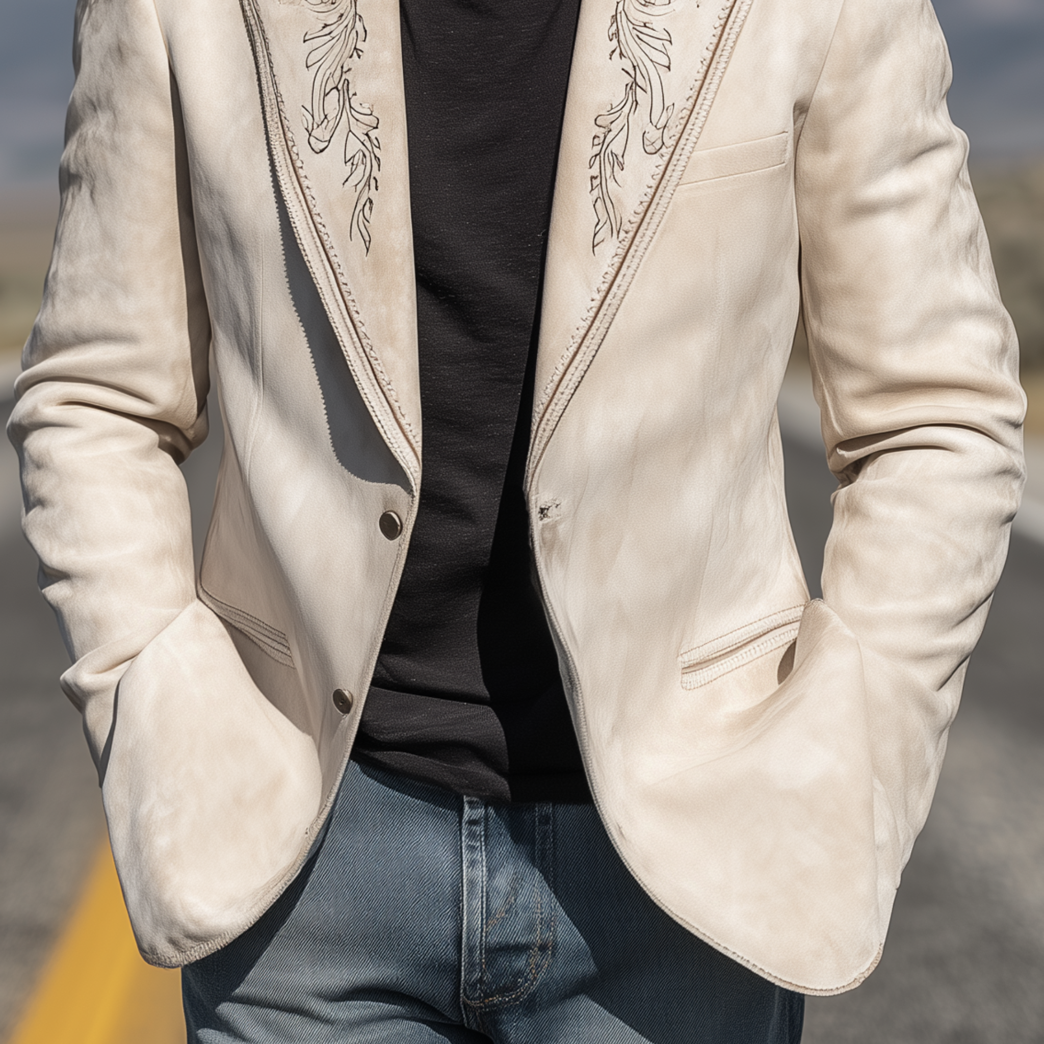 Men's Classic Retro Western Cowboy Style Suede Embroidered Single-breasted Blazer MTA0217H3K