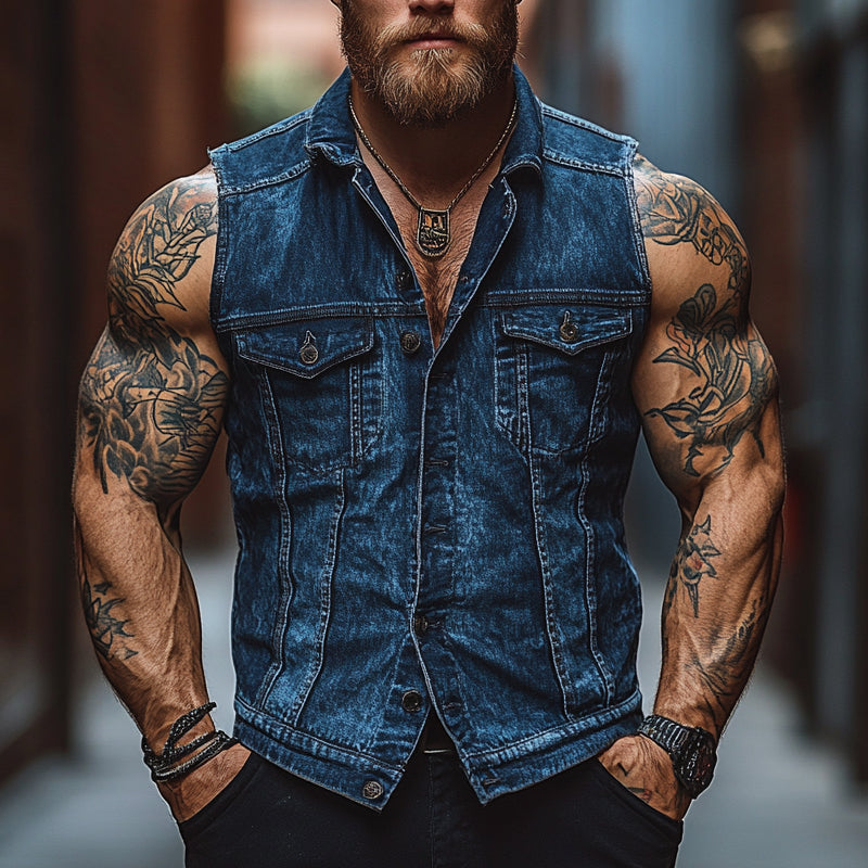 Men'S Vintage Distressed Lapel Single Breasted Denim Vest MTA0870E8X
