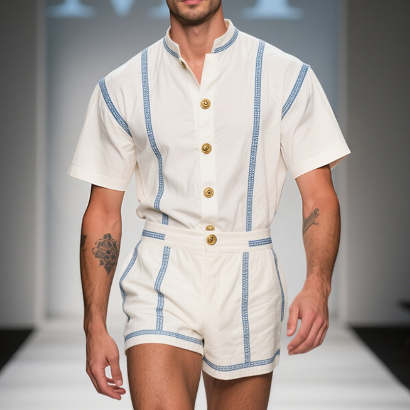Men's Retro Casual Striped Printed Linen Short Sleeve Shirt Shorts Two-Piece Set MTA2931E2TO