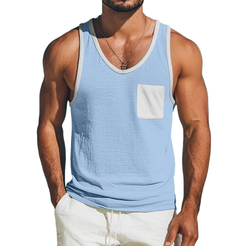 Men's Casual Cotton Linen Contrast Color U-Neck Patch Pocket Loose Tank Top MTA1488E9M