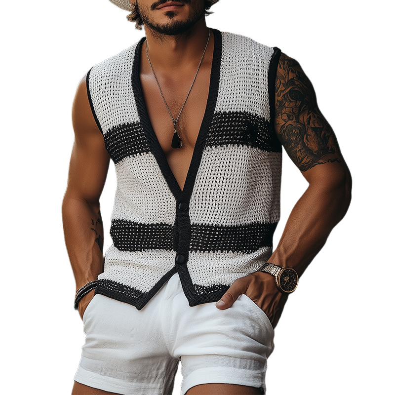 Men's Summer Fashion Casual Black And White Horizontal Striped Deep V-neck Knitted Vest MTA2680F3K