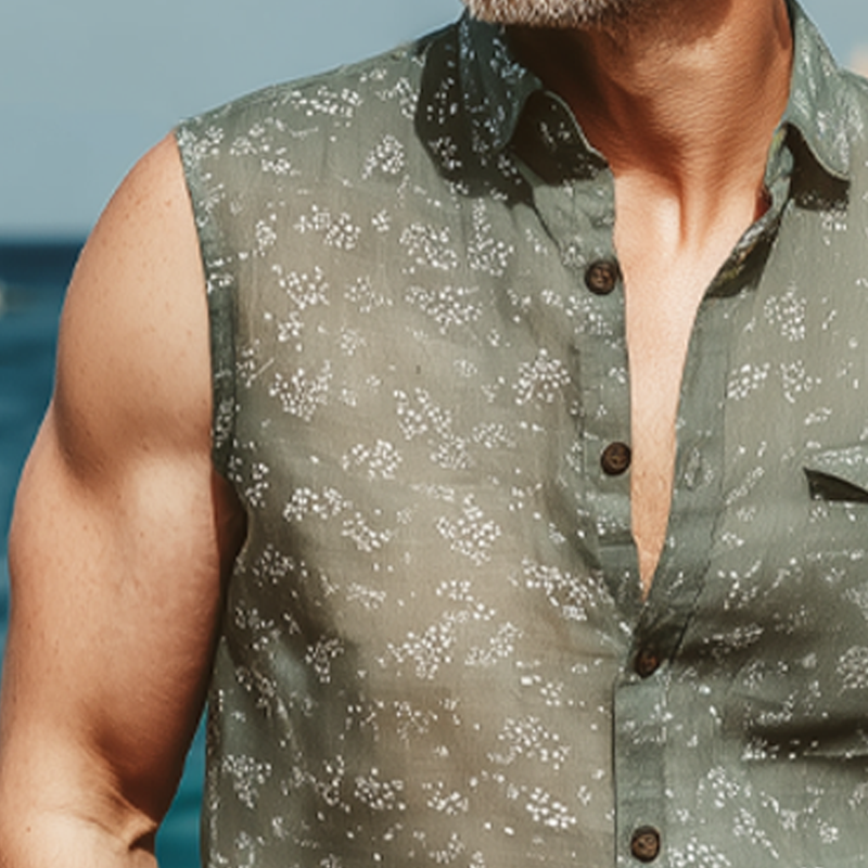 Men's Summer Chiffon Printed Button Sleeveless Shirt MTA0443G5U