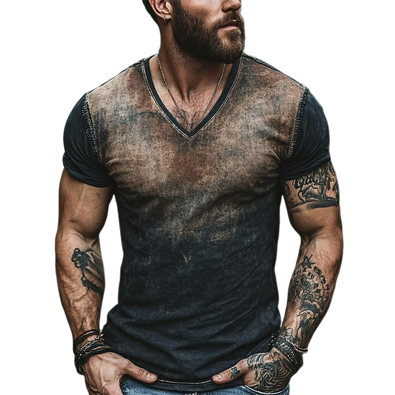 Men's Retro Gradient Print V-Neck Short Sleeve T-Shirt MTA2374F8X