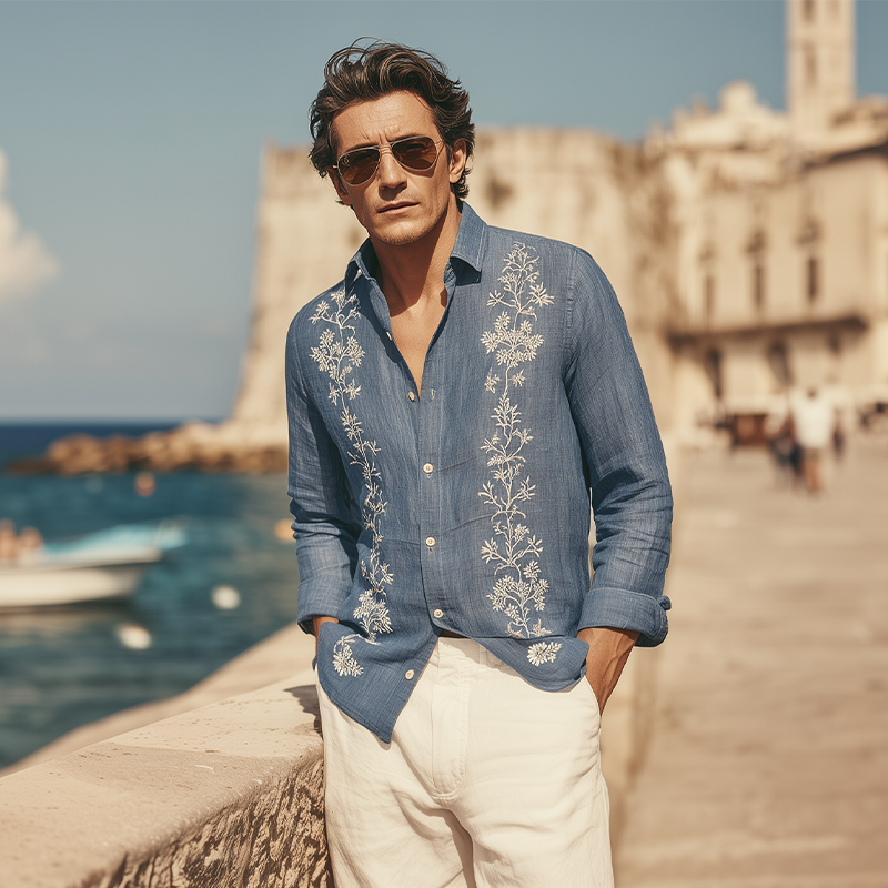 Men's Spring And Summer Retro Exquisite Embroidered Tencel Cotton Lapel Long-sleeved Shirt MTA1612G9K
