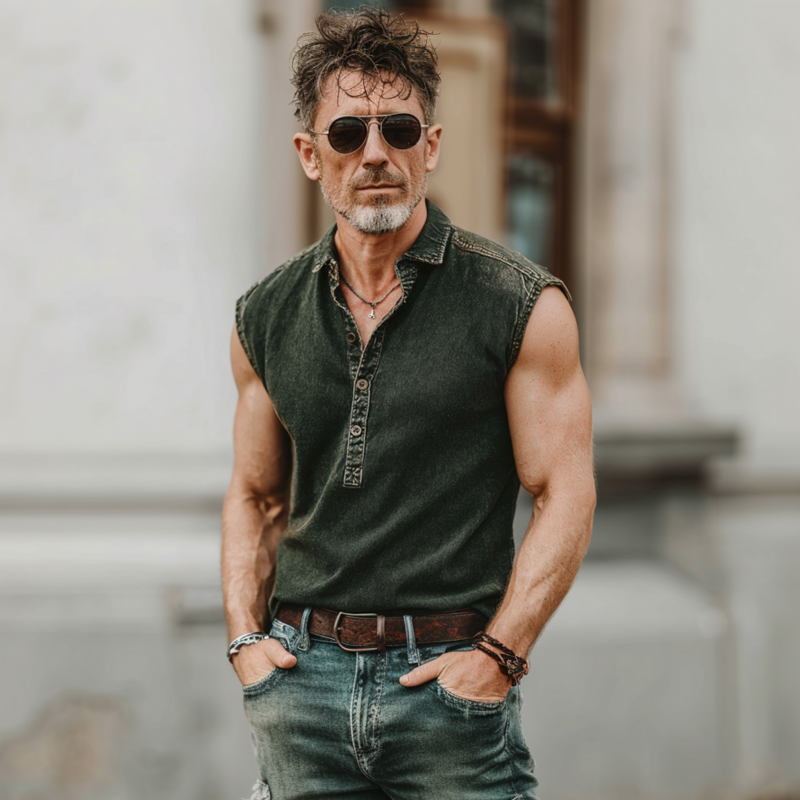 Men's Casual Outdoor Denim Washed Distressed Lapel Button Down Sleeveless Polo Shirt MTA2580F3M