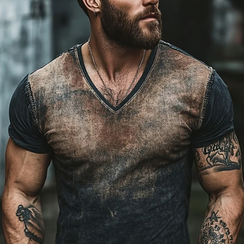 Men's Retro Gradient Print V-Neck Short Sleeve T-Shirt MTA2374F8X