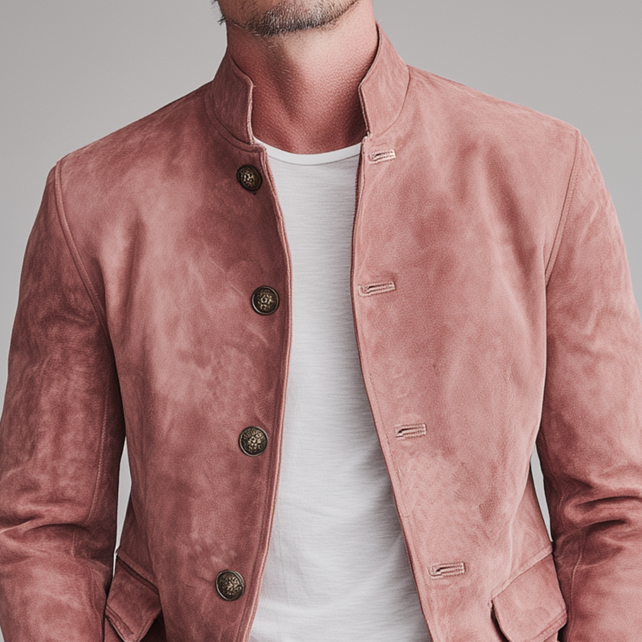 Men's Classic Retro Stand Collar Pink Suede Slim Jacket MTA2272H9K