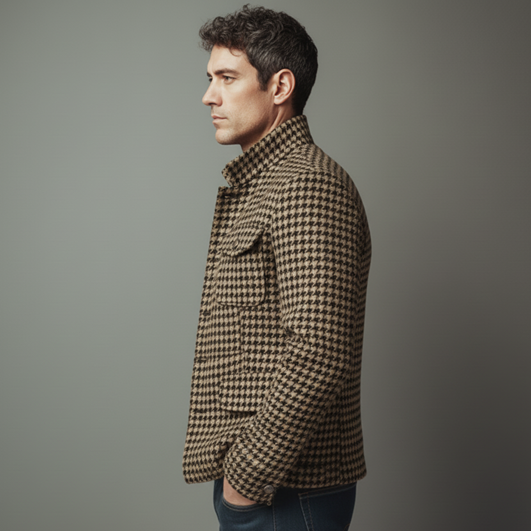 Men's Classic Vintage Stand-collar Multi-pocket Houndstooth Wool Jacket MTA1698L9K