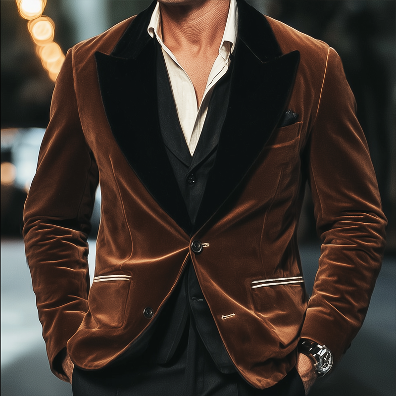 Men's Retro Colorblock Collar Velvet Two-Button Blazer MTA2862H9U