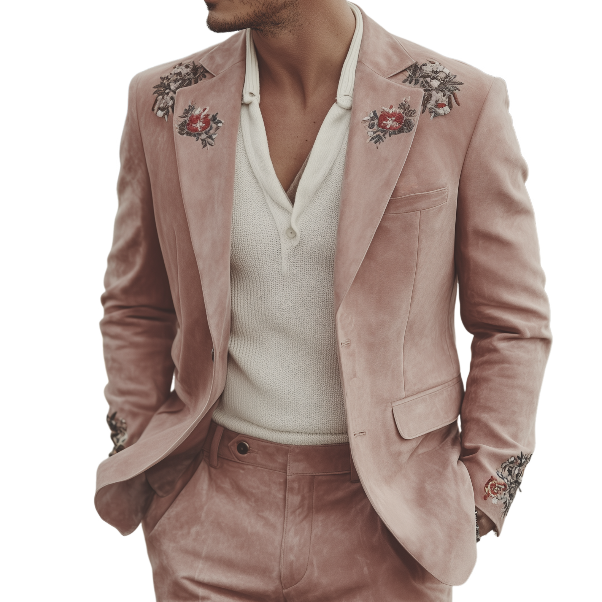 Men's Classic Vintage Embroidered Pink Suede Single-breasted Blazer MTA1547I8K