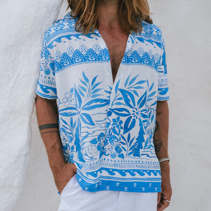 Men's Spring And Summer Fashion Casual Tencel Cotton Printed Short Sleeve Shirt MTA0416G9K