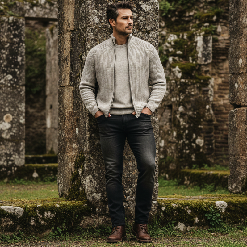 Men's Business Casual Stand-collar Striped Textured Zip-up Knit Cardigan MTA2692K4U