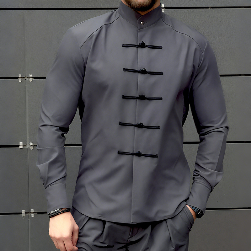 Men's Retro Casual Solid Color Stand Collar Long Sleeve Shirt MTA1770G1TO