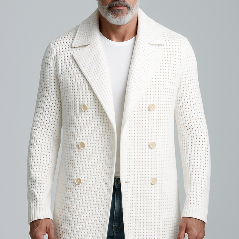 Men's Openwork Knit Notch Lapel Double Breasted Mid-length Casual Coat MTA1390H5Z