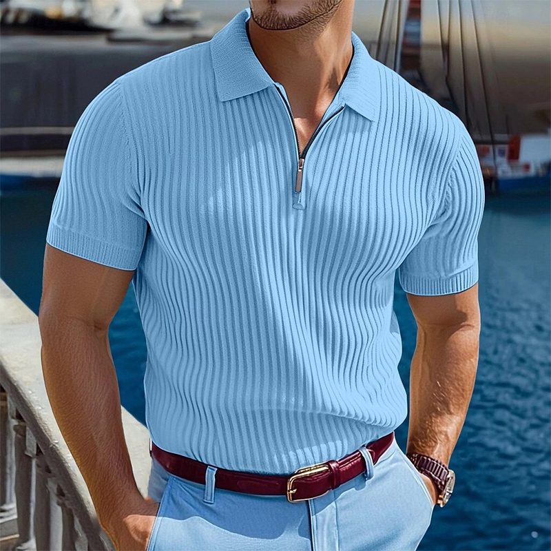 Men's Knitted Striped Zipper Short-sleeved POLO Shirt MTA1540G6X