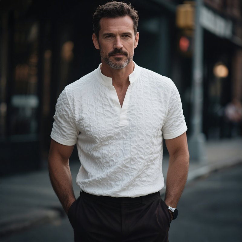 Men's Retro Casual Solid Color Bubble Crepe Stand Collar Short Sleeve Shirt MTA0805G7TO