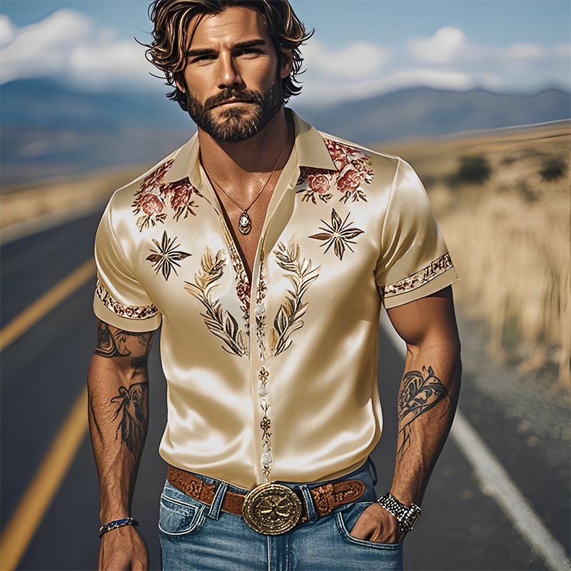 Men's Spring And Summer Fashion Casual Western Cowboy Style Satin Champagne Gold Print Short Sleeve Shirt MTA1644E0K