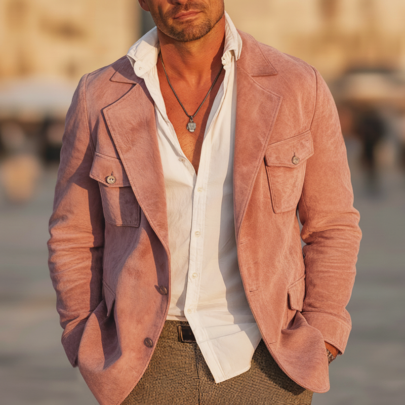 Men's Vintage Pink Faux Suede Multi-pocket Three-button Jacket MTZ0810A5U