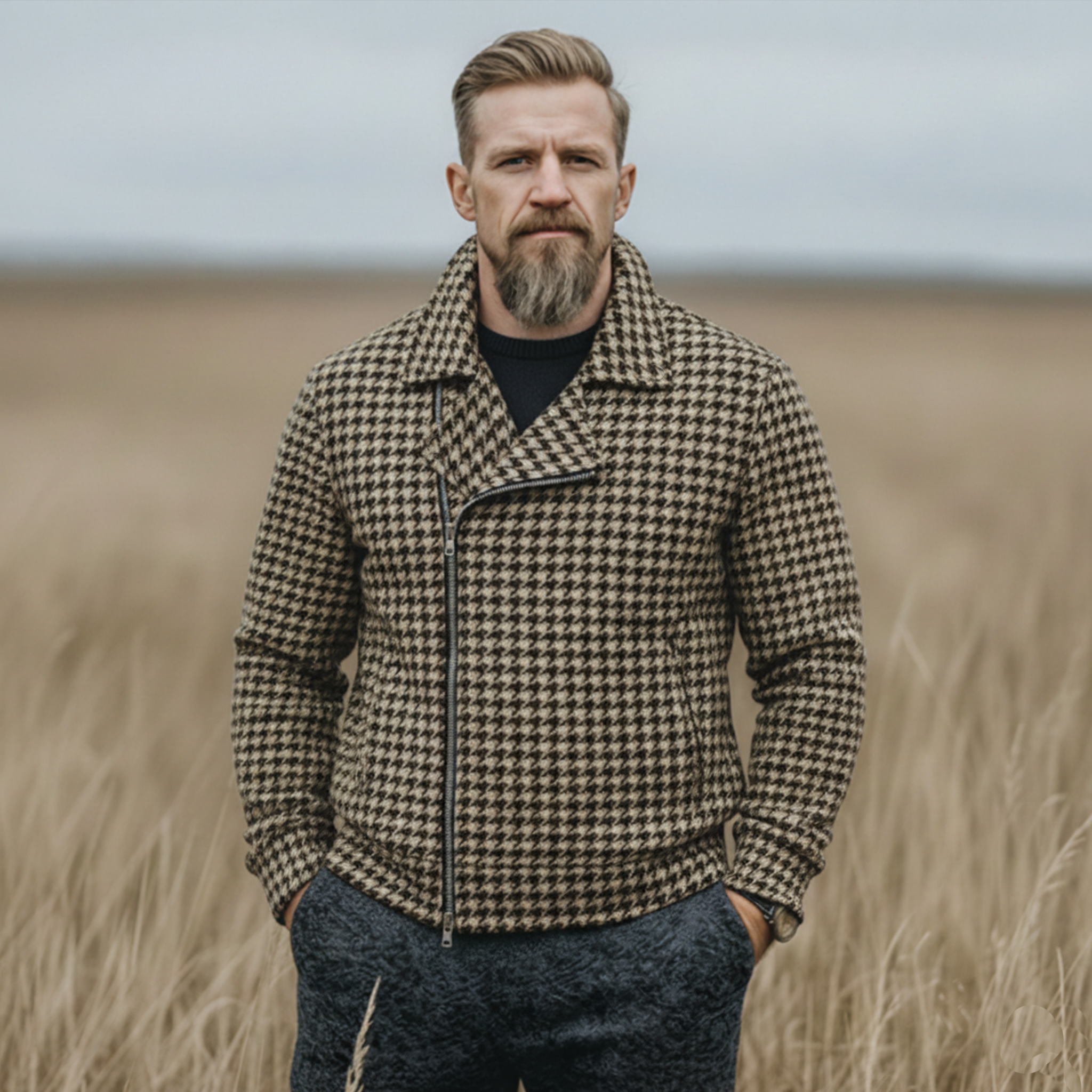 Men's Classic Retro Western Tough Style Lapel Faux Houndstooth Woolen Jacket MTA2754J9K