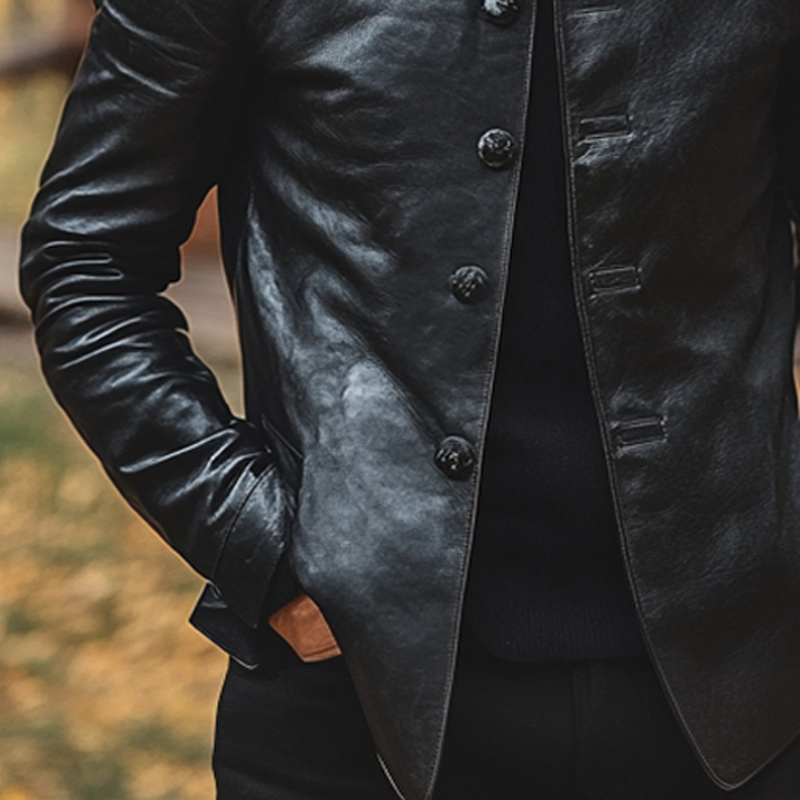 Men's Slim-fit Stand-up Collar Solid Color PU Button Jacket MTA2381J3X